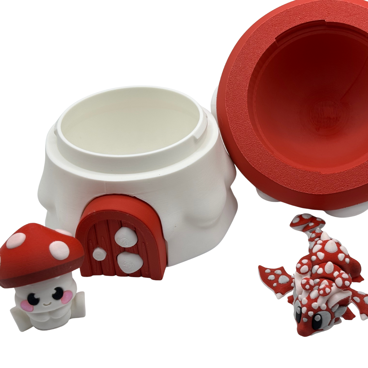 Flexi Red Mushroom Dragon and Mr. Fungo Play Set | 3D Printed Articulated Container and Dragon