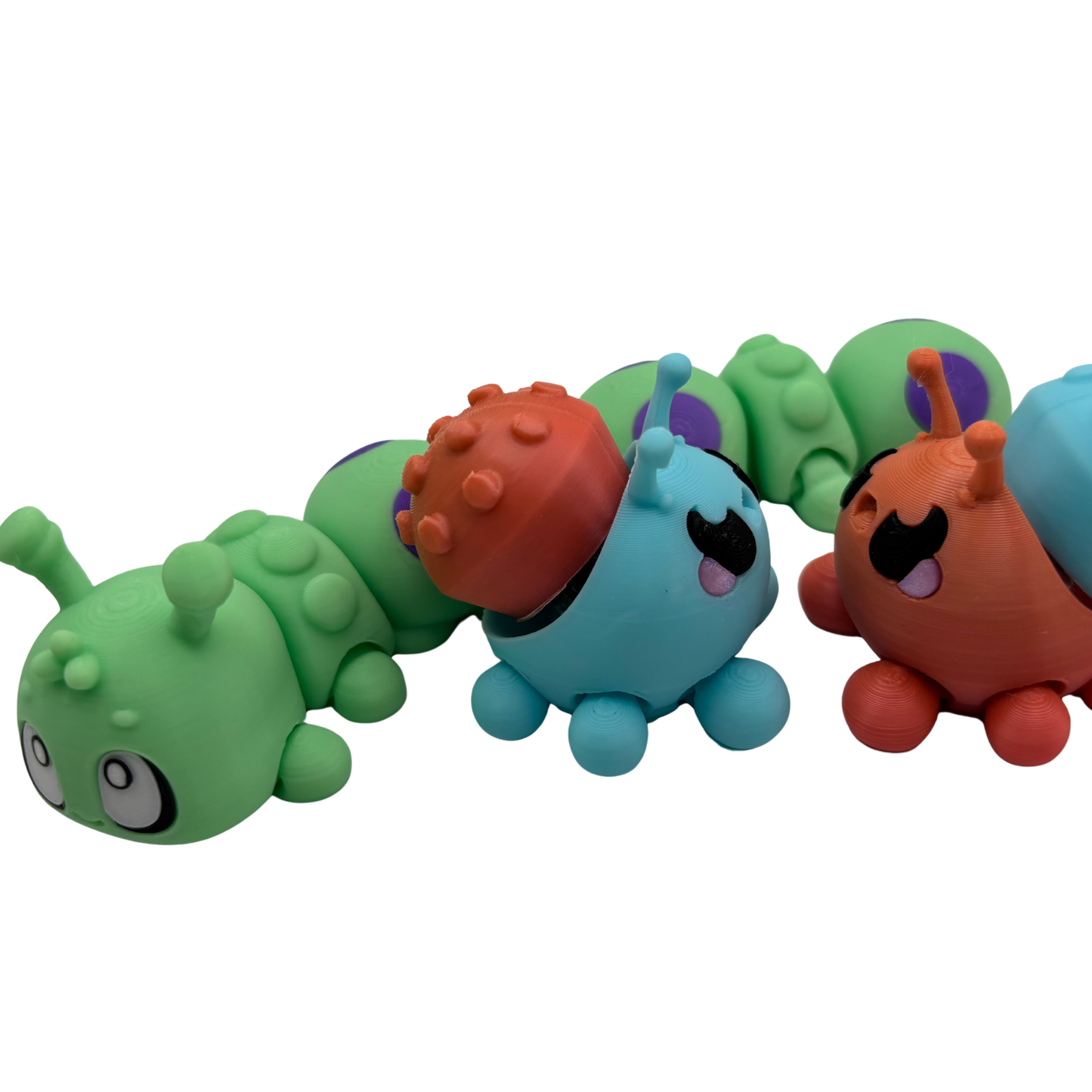 Flexy and Clicky Buggy Fidgets | 3D printed set of 2 clicky bugs and 1 flexi caterpillar