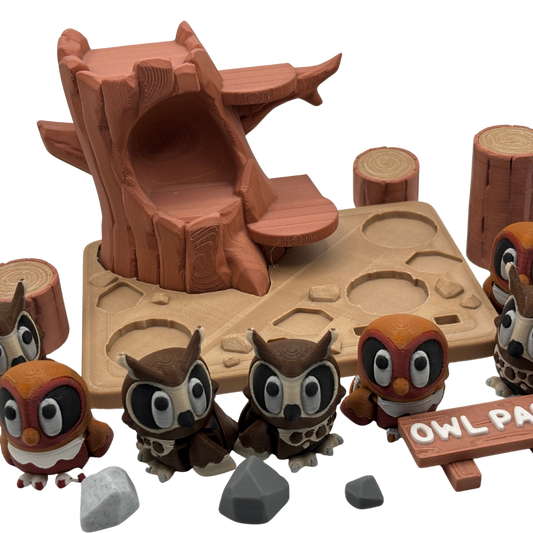 Flexi Owls with Park Play Set | 3D Printed Articulated Set with Great Horned and Barn Owls