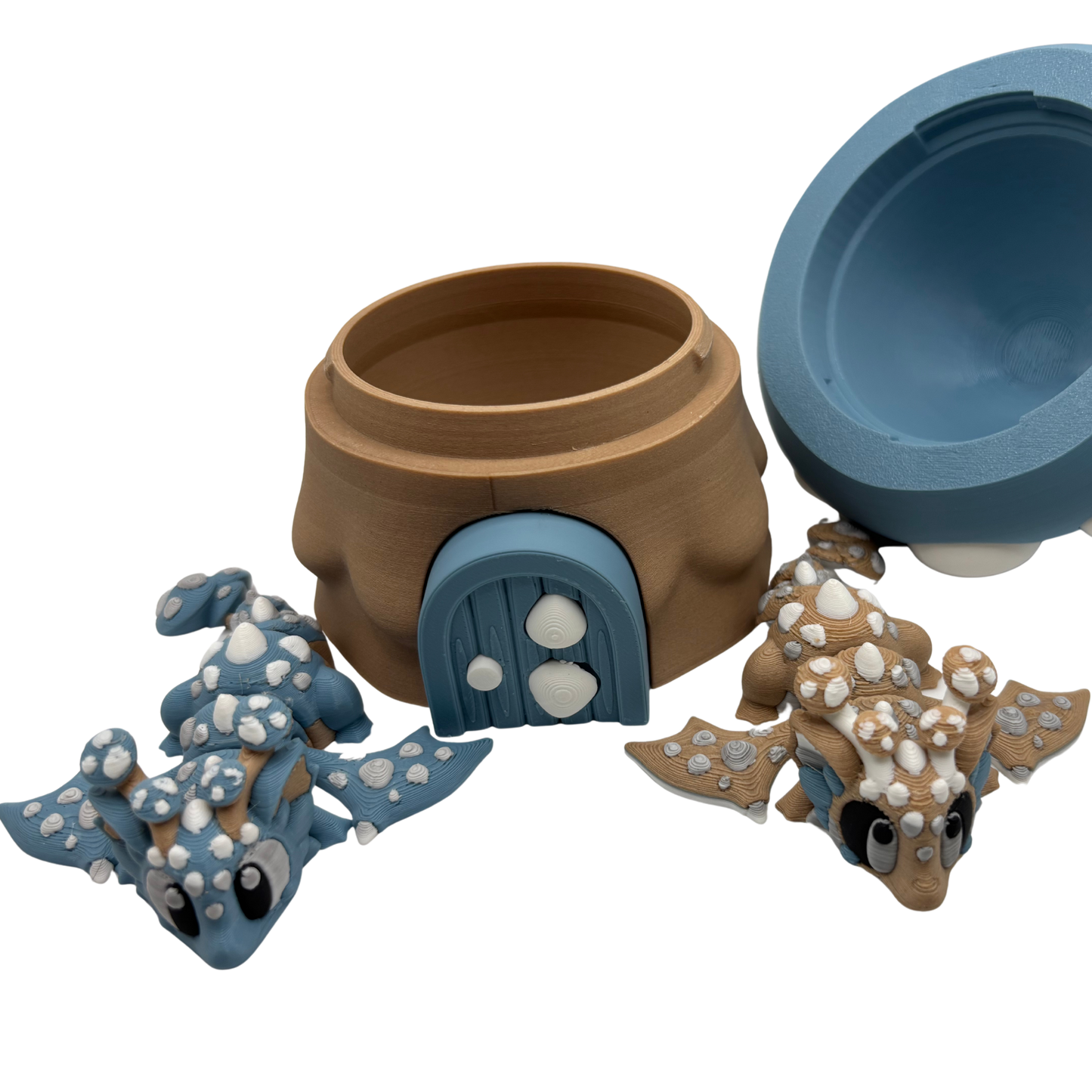 Flexi Blue and Tan Mushroom with Dragons Play Set | 3D Printed Articulated Container