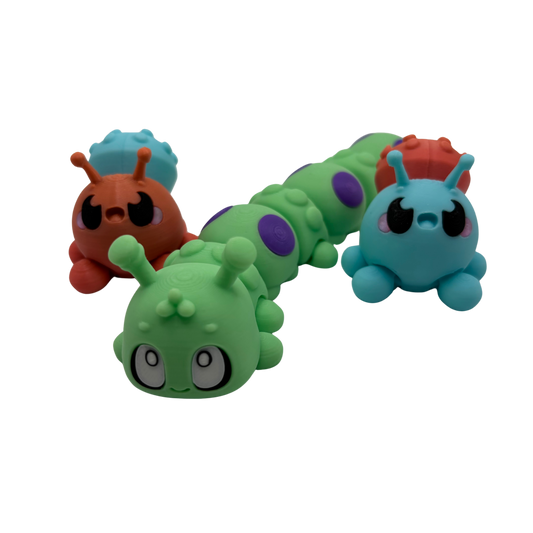 Flexy and Clicky Buggy Fidgets | 3D printed set of 2 clicky bugs and 1 flexi caterpillar