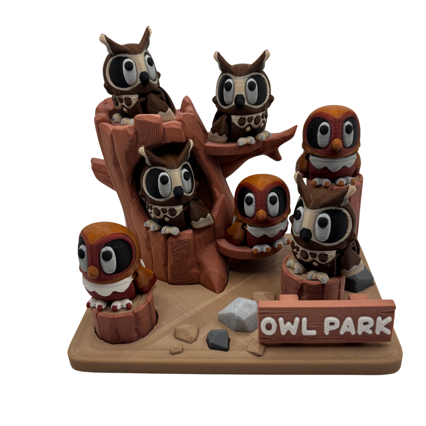Flexi Owls with Park Play Set | 3D Printed Articulated Set with Great Horned and Barn Owls