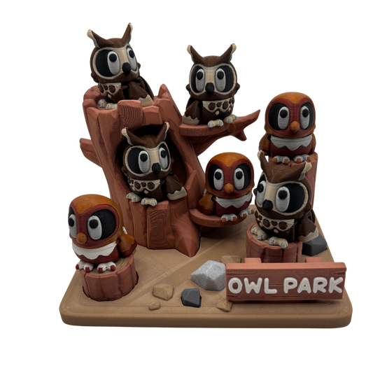 Flexi Owls with Park Play Set | 3D Printed Articulated Set with Great Horned and Barn Owls