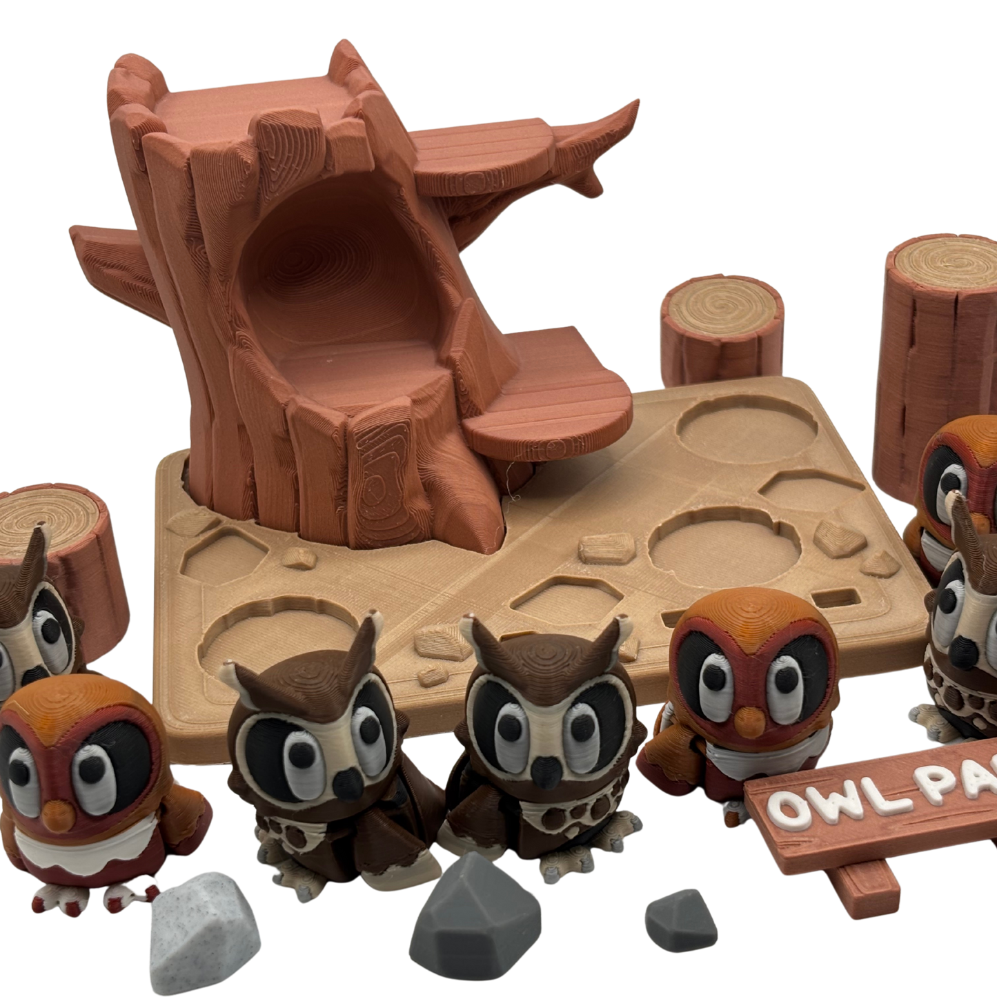 Flexi Owls with Park Play Set | 3D Printed Articulated Set with Great Horned and Barn Owls
